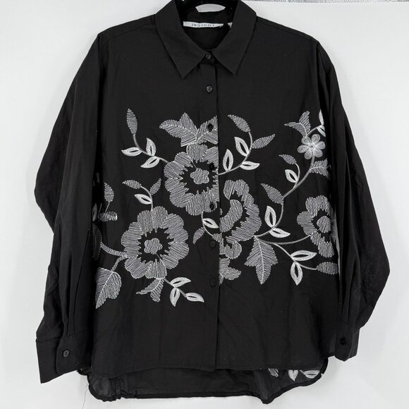 Insight Tops - Insight Black Long-Sleeve Shirt With White Floral Embroidery Button-Down , M
